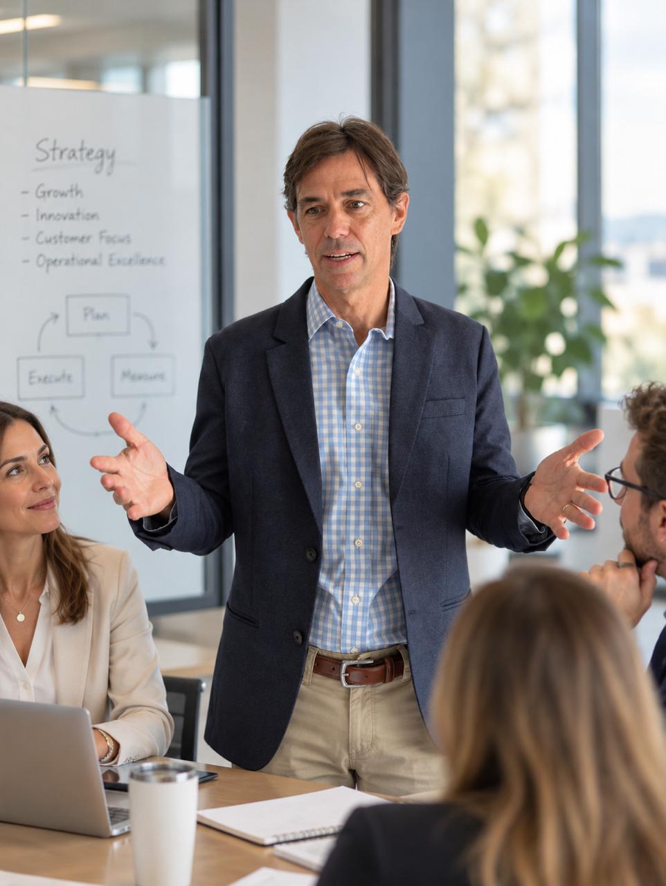 Lucas Martínez trabajando con un equipo en una sesión de estrategia comercial